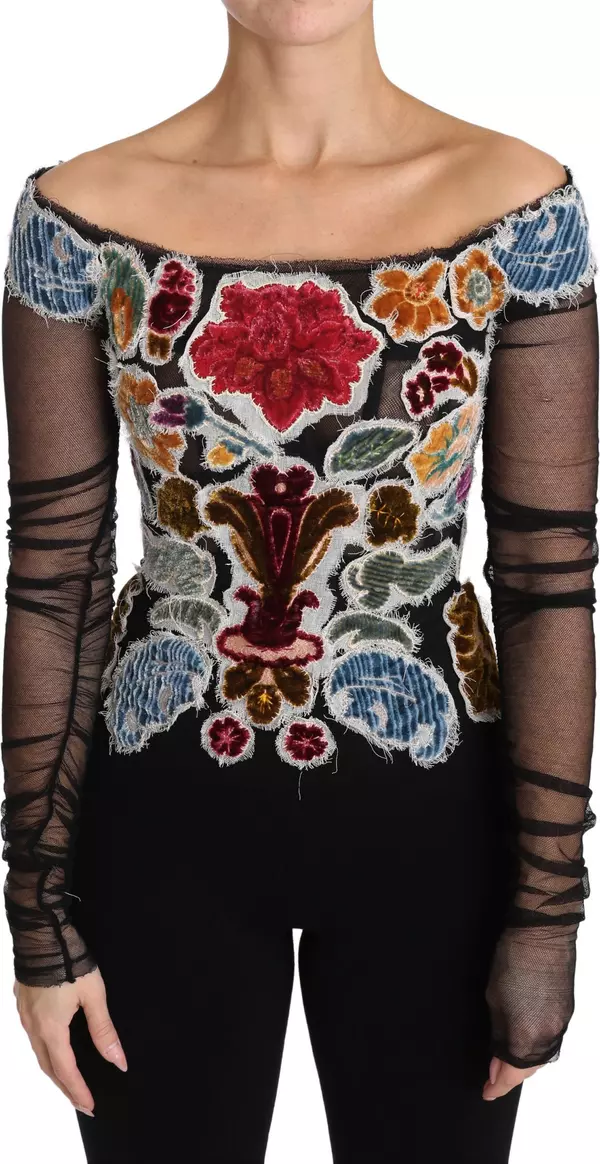 Black Floral Ricamo Top T-shirt Blouse