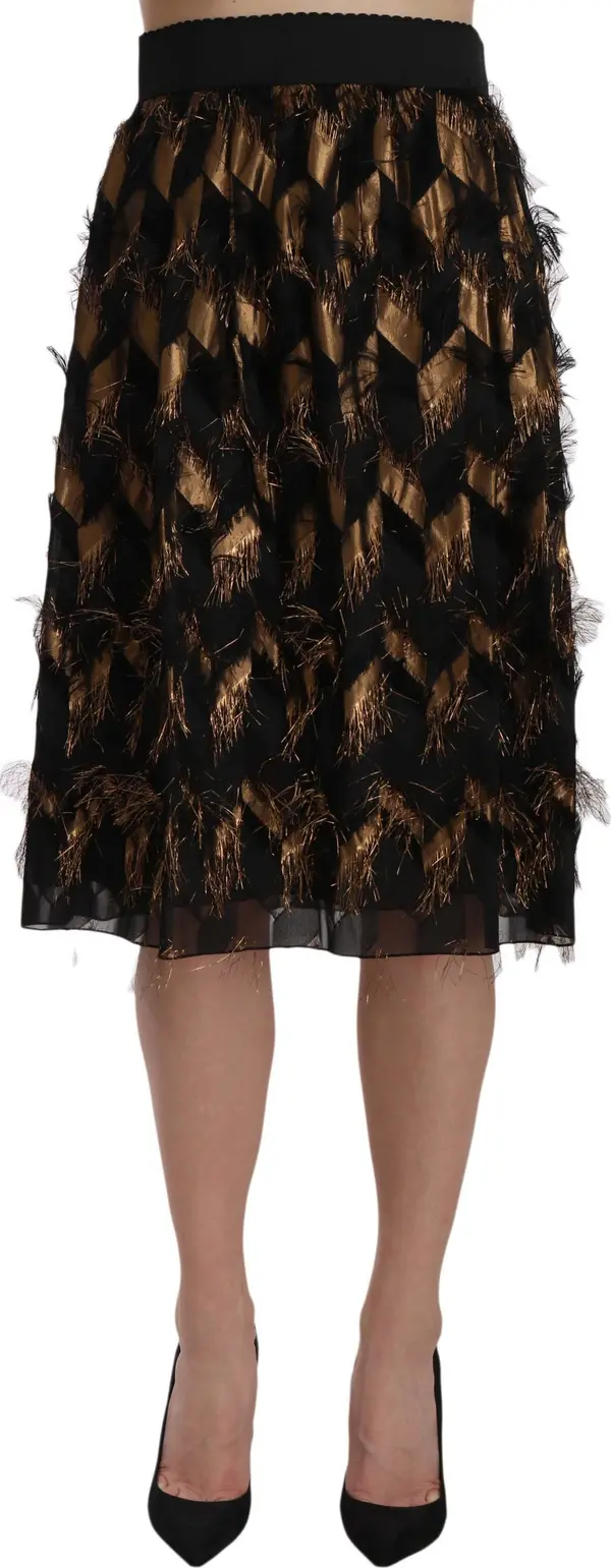 Black Gold Fringe Metallic Pencil A-line Skirt