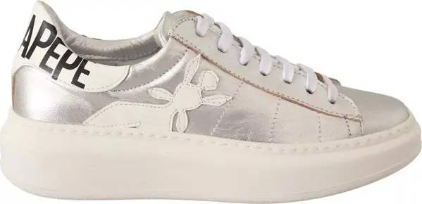 Silver Full Grain Leather Lace Up Sneakers Shoes