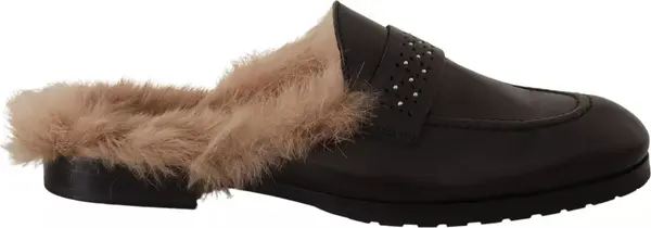 Black Leather Fur Perforated Slip On Flats Shoes