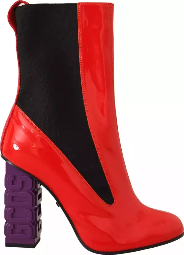 Red Leather Black Fabric Logo Heel Ankle Boots Shoes