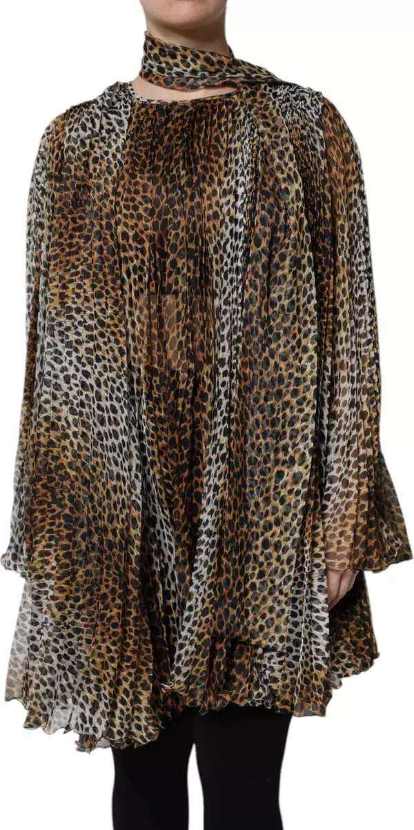 Brown Leopard Print Scarf Collared Chiffon Dress