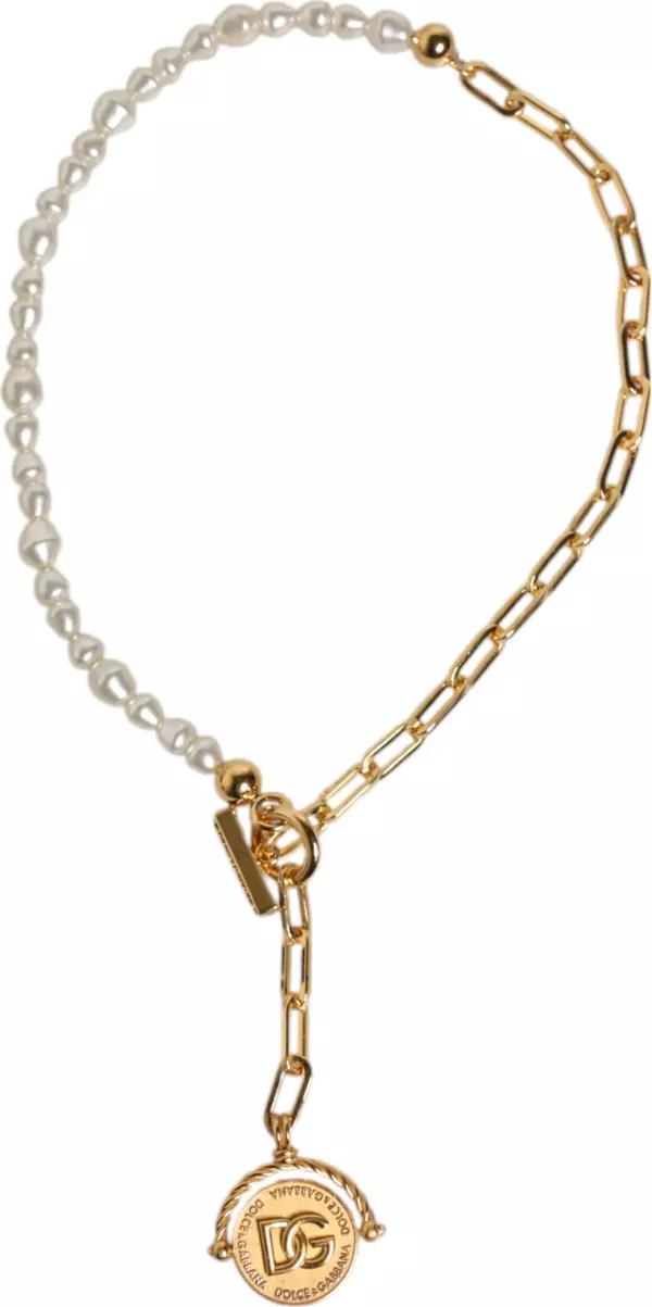 Gold Chain Brass Faux Pearl Charm Logo Pendant Necklace