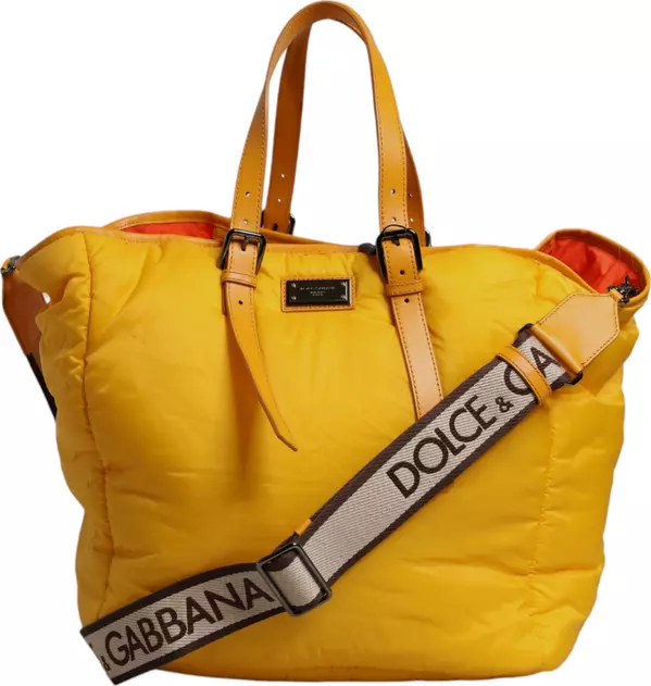 Yellow Orange Nylon Logo Plaque Hand Shoulder Duffle Bag