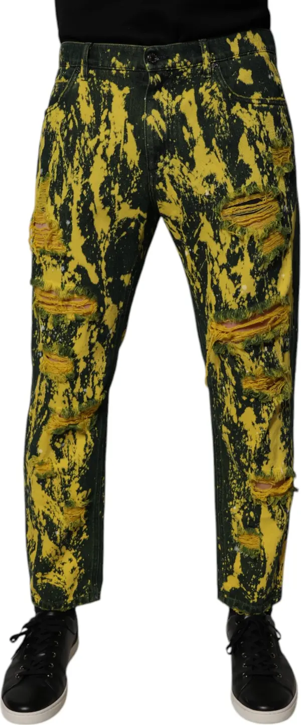 Black Yellow Tie Dye Tattered Skinny Men Denim Jeans