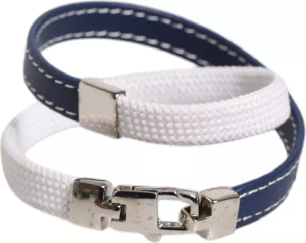 Blue White Leather Trimmed DG Engraved Silver Tone Clasp Bracelet