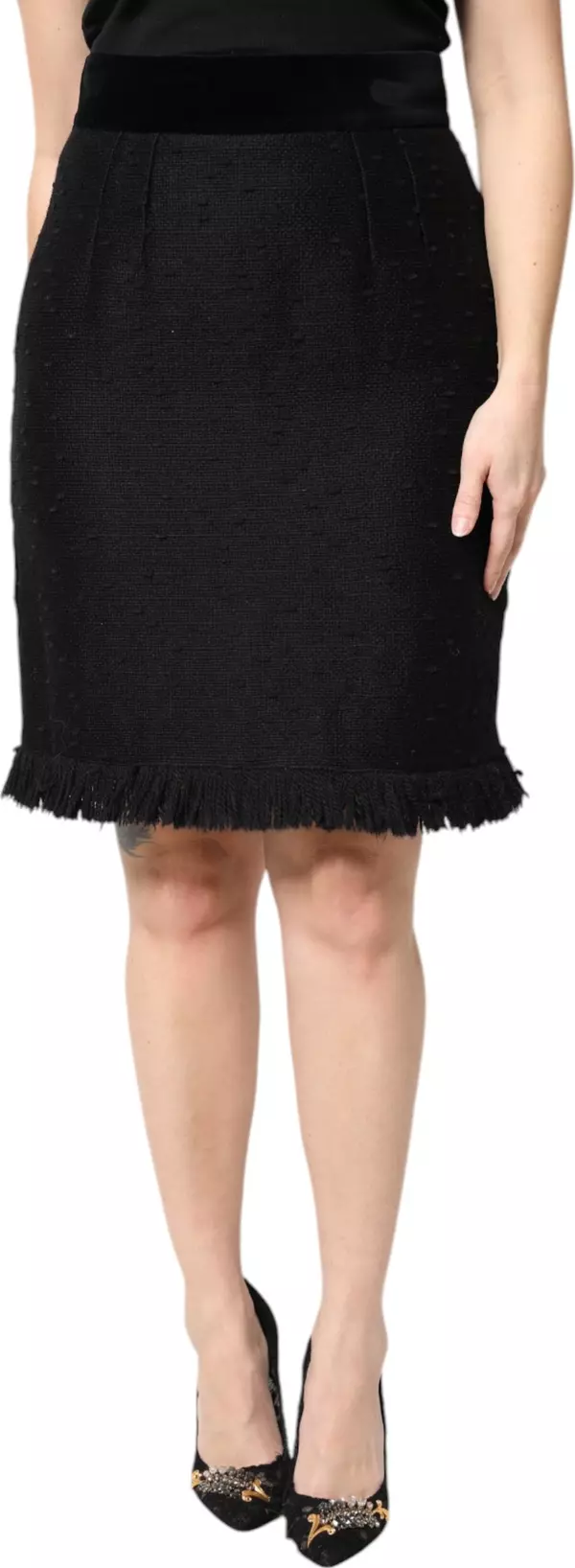 Black Wool Fringe High Waist Pencil Mini Skirt