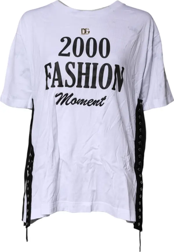 White Print Lace-Up Cotton Crew Neck T-shirt