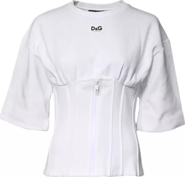 White Cotton Blend 3/4 Sleeves Blouse Top