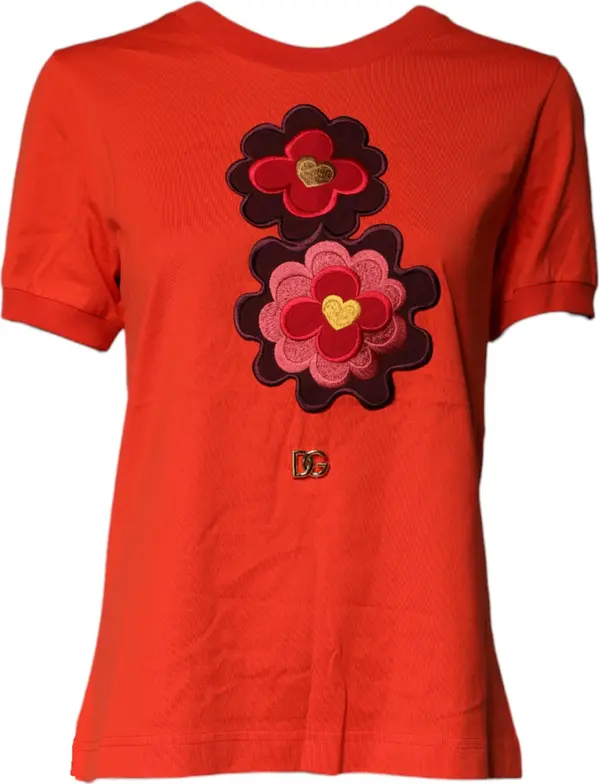 Red Floral Embroidery Cotton Crew Neck T-shirt