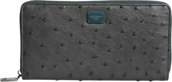 Green Ostrich Logo Plaque Zip Around Continental Wallet