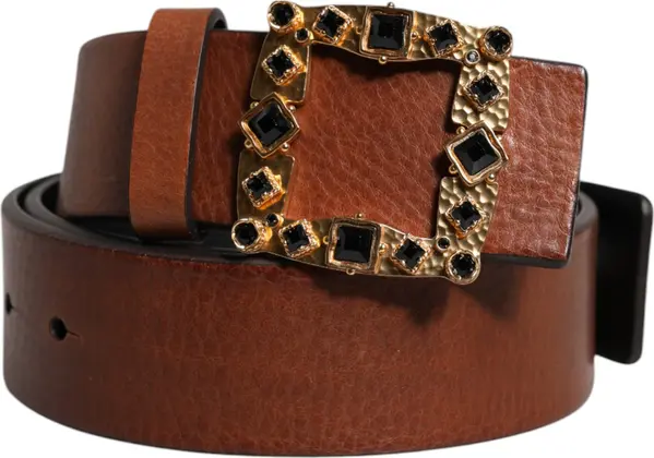 Brown Leather Gold Crystal Buckle Belt
