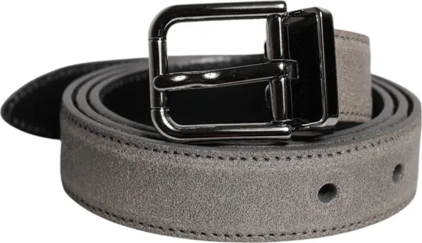 Gray Leather Silver Tone Metal Buckle Belt