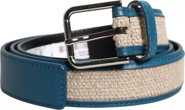 Blue Beige Leather Weaved Metal Buckle Belt