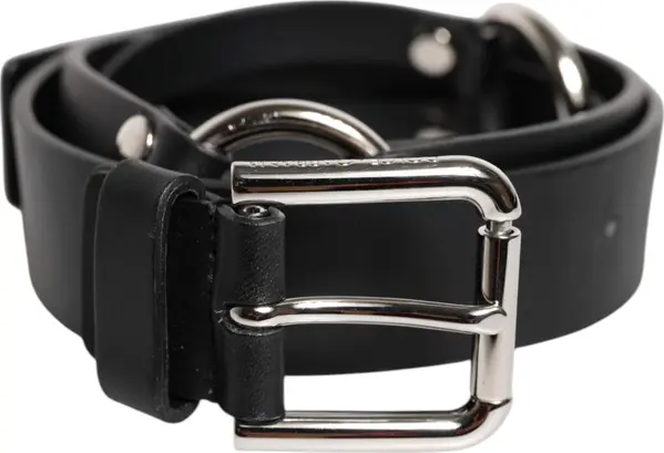 Black Leather Classic Metal Logo Buckle Belt