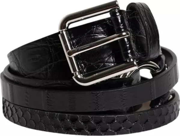 Black Exotic Leather Metal Logo Buckle Belt