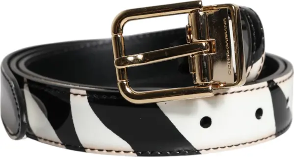Black White Zebra Gold Metal Logo Buckle Belt