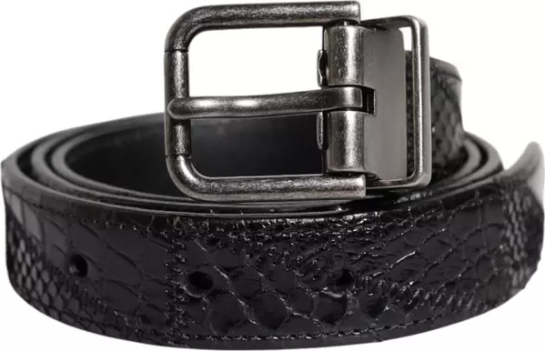 Black Exotic Leather Metal Logo Buckle Belt