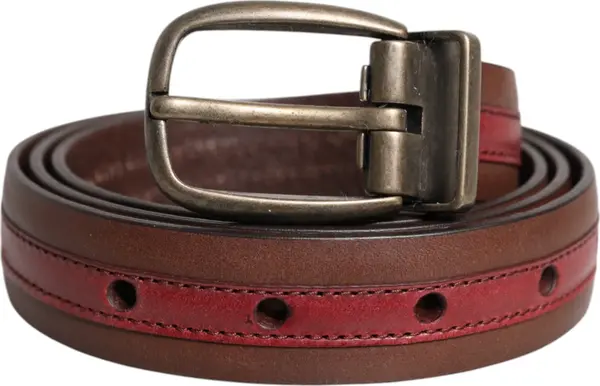 Burgundy Leather Metal Logo Buckle Belt