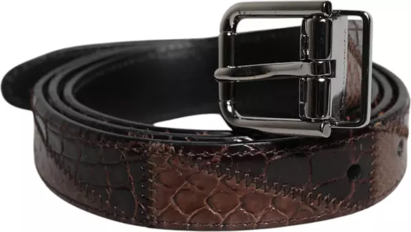 Brown Exotic Leather Metal Logo Buckle Belt