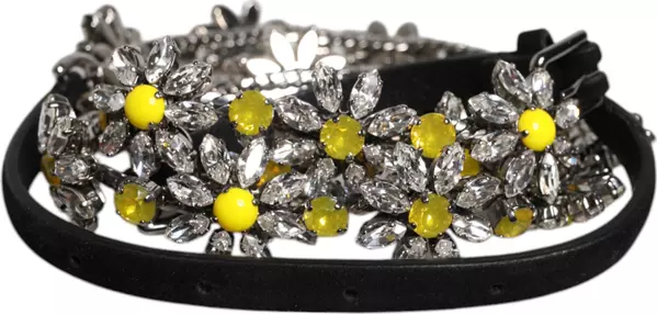 Black Leather Daisy Crystal Embellish Waist Belt