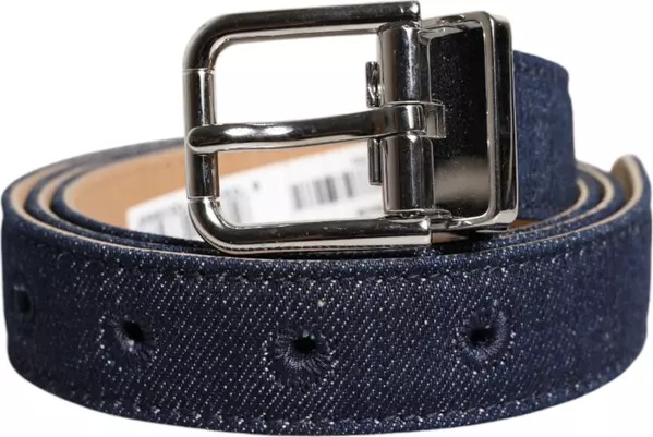 Blue Denim Silver Logo Metal Waist Buckle Belt