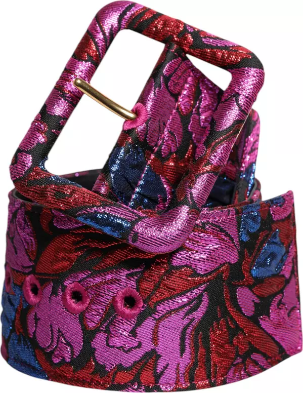 Multicolor Floral Jacquard Lurex Wide Waist Buckle Belt