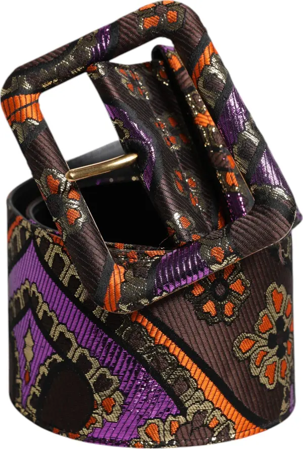 Multicolor Floral Jacquard Lurex Wide Waist Buckle Belt