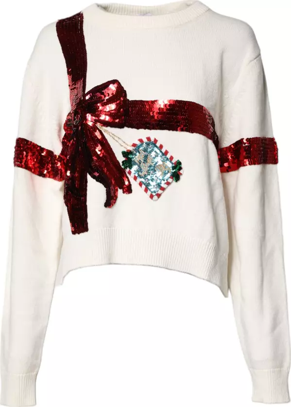 White Sequined Crew Neck Pullover Sweater