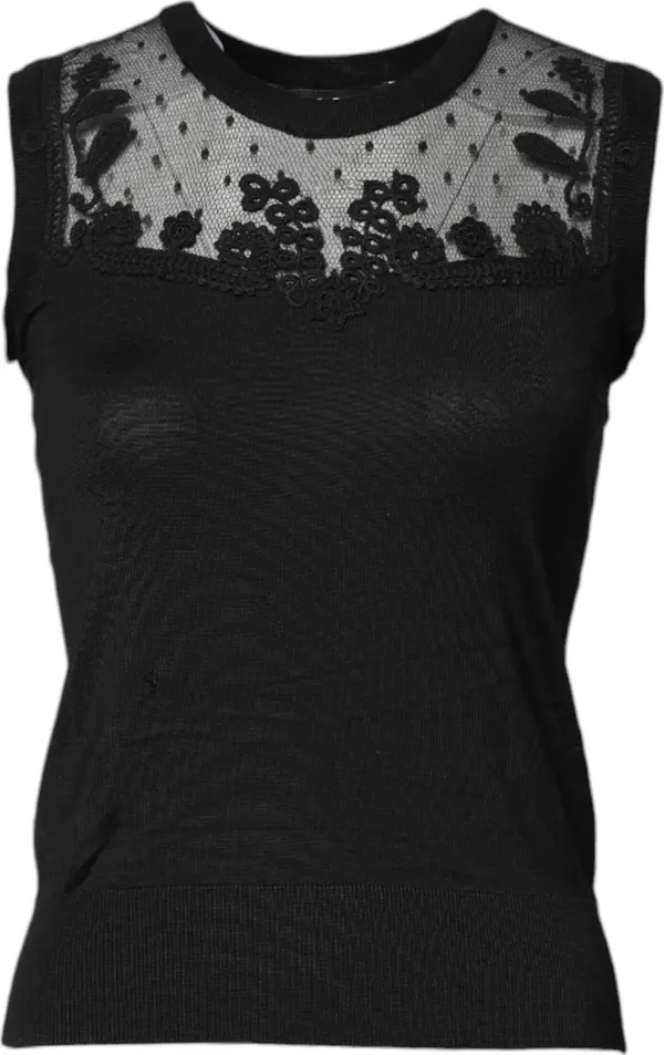Black Lace Sheer Crew Neck Sleeveless Top