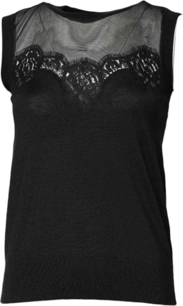 Black Lace Sheer Crew Neck Sleeveless Top