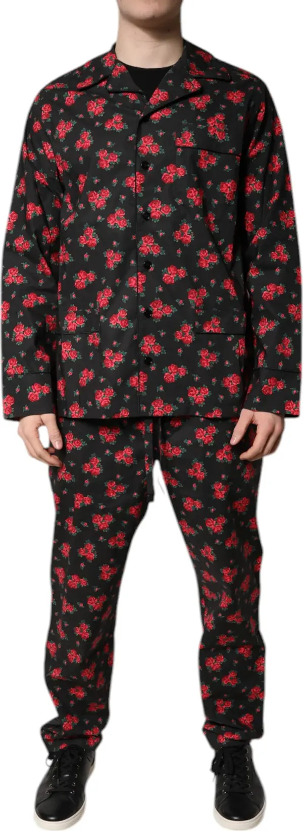 Black Floral Print Cotton Men Pajama Set Sleepwear