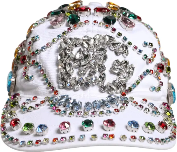 White Multicolor Crystal Embellish Baseball Cap