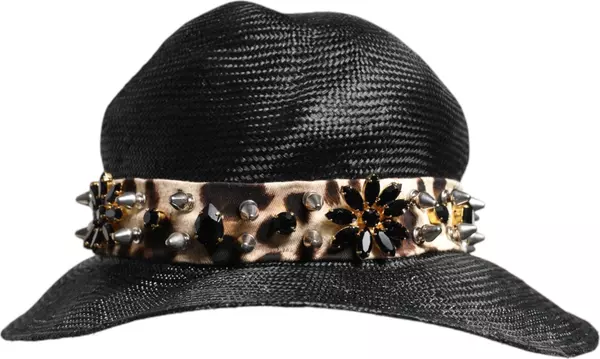Black Straw Crystal Embellished Wide Brim Hat
