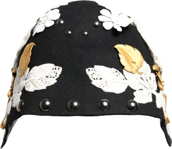 Black Wool White Floral Gold Leaf Cloche Hat