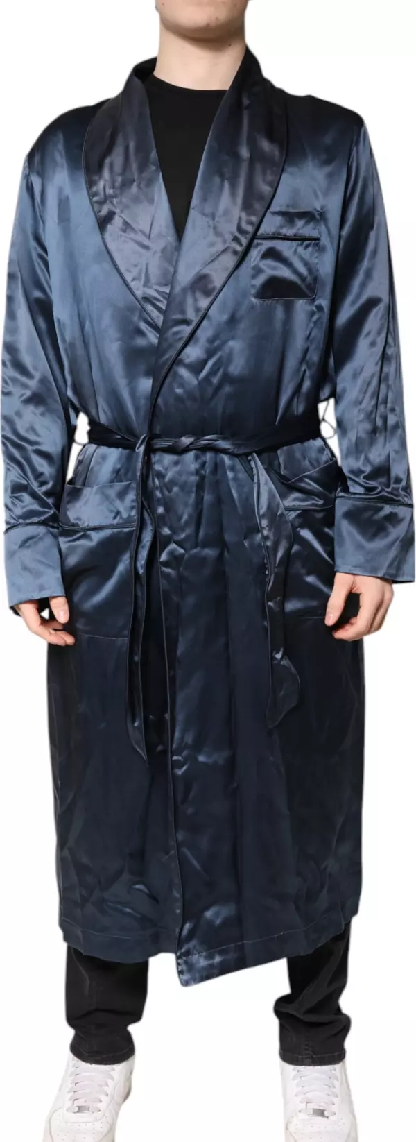 Blue Solid Silk Men Wrap Robe Coat Jacket