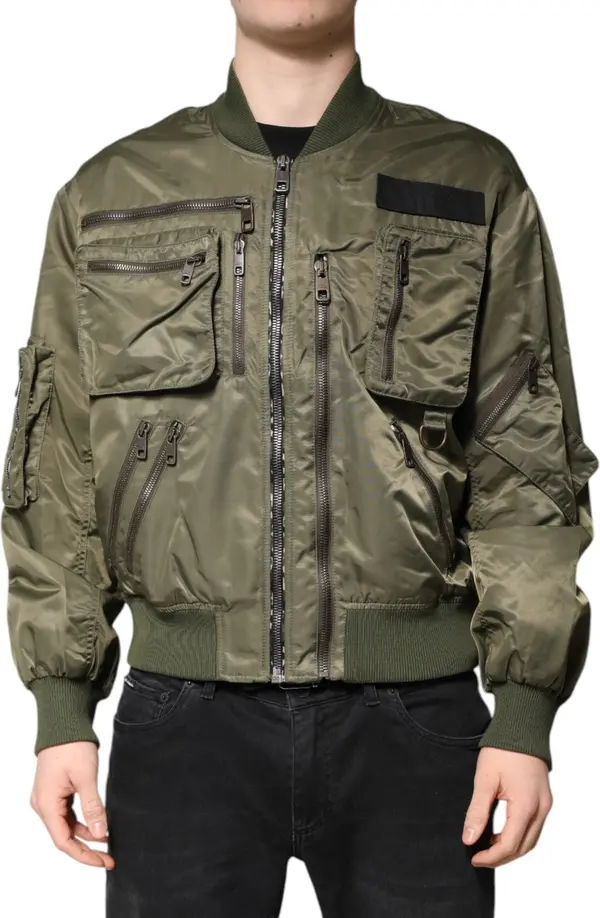 Green Nylon Full Zip Men Bomber Jacket