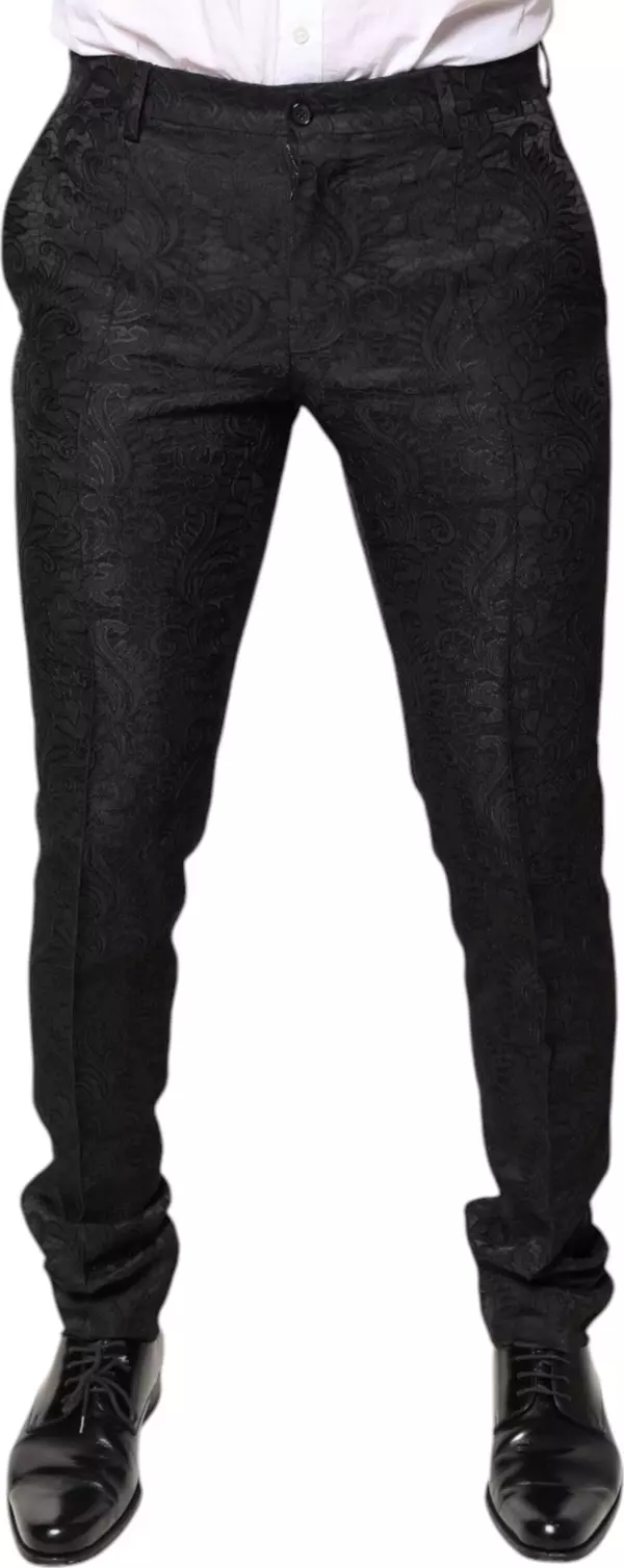 Black Floral Jacquard Mid Waist Dress Pants