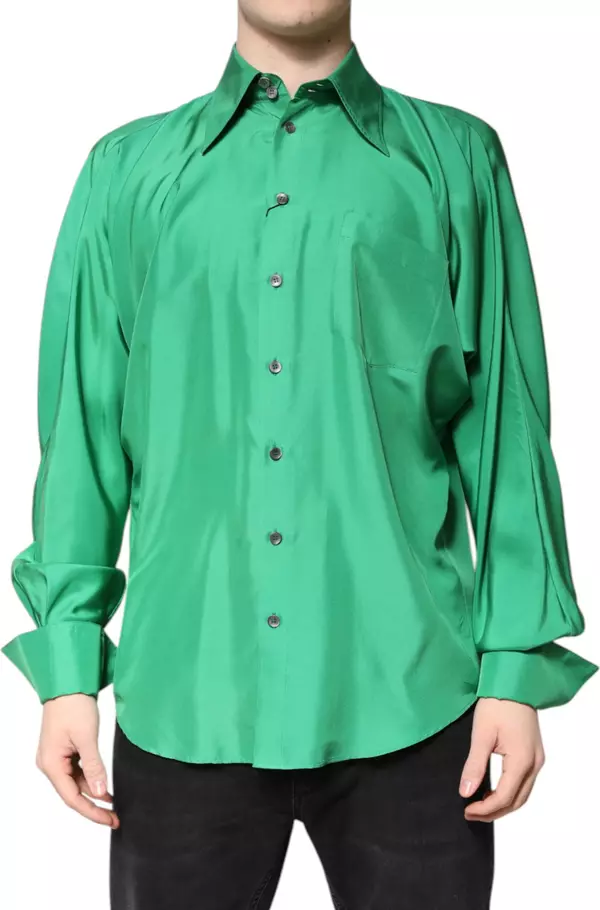 Green Silk Satin Long Sleeves Casual Shirt