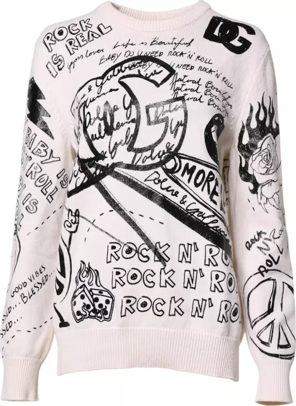 White Black Logo Print Women Pullover Sweater