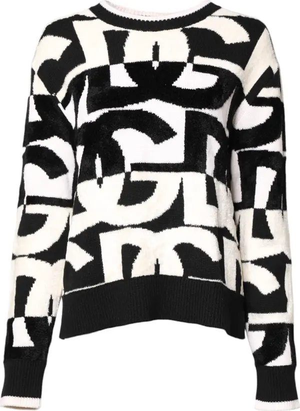 White Black Logo Print Women Pullover Sweater