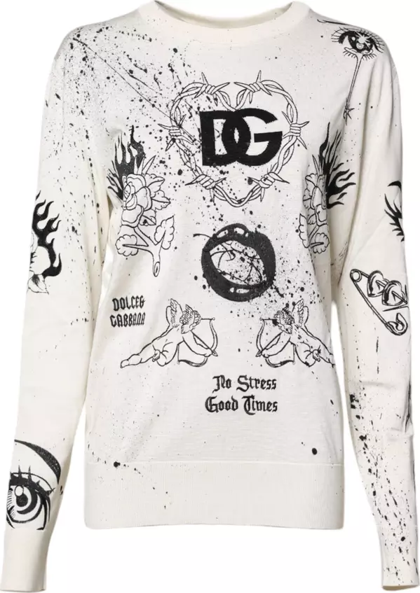White Logo Angel Print Women Pullover Sweater