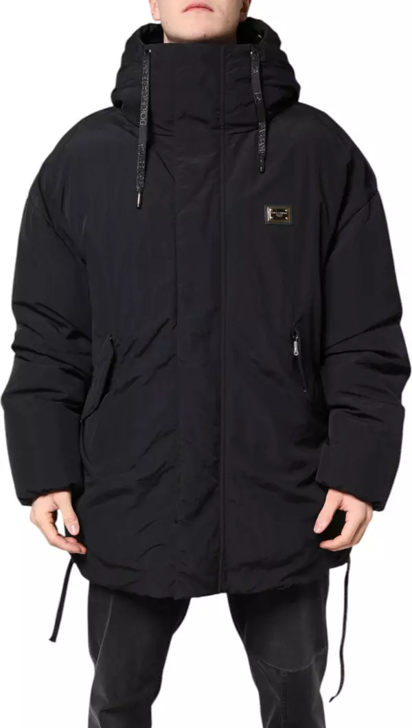 Black Nylon Full Zip Hooded Parka Jacket