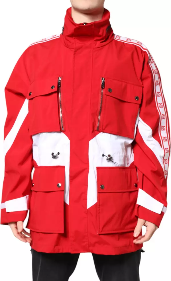 Red White Nylon Full Zip Windbreaker Jacket