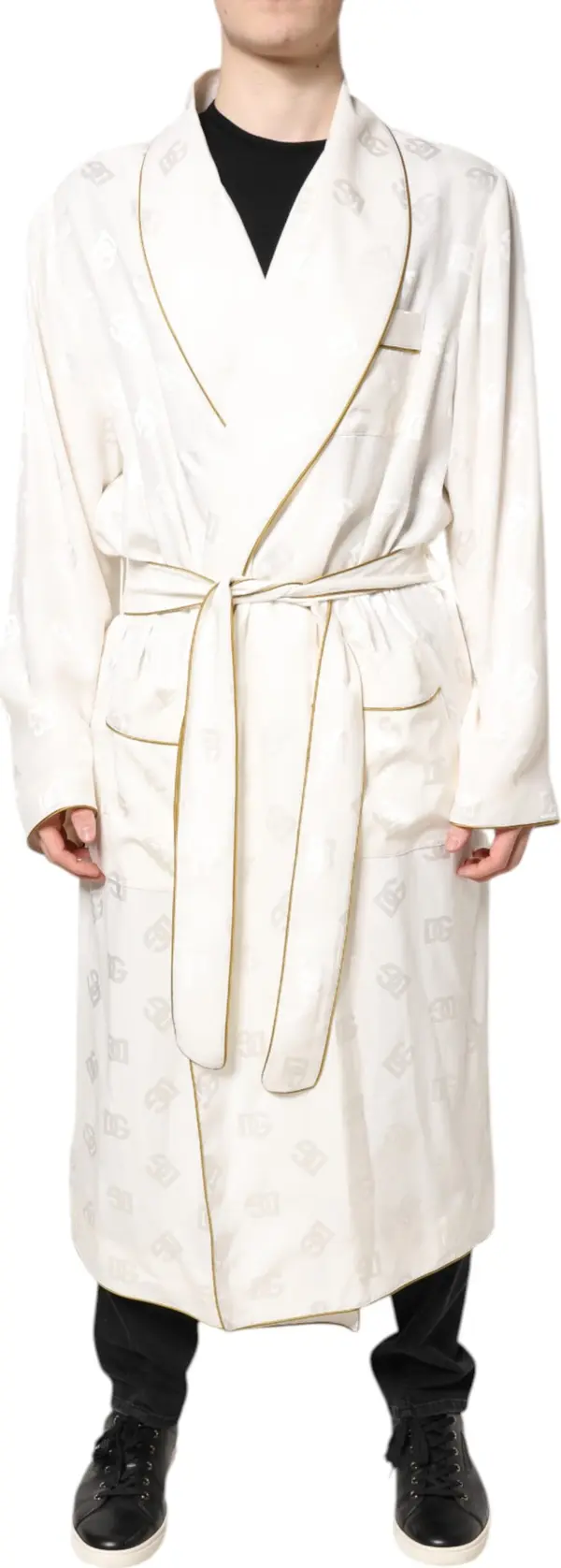 Ivory Silk Logo Men Wrap Robe Coat Jacket