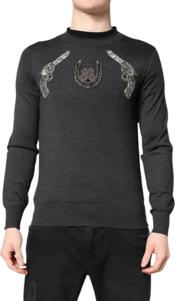Gray Embroidery Knit Men Pullover Sweater