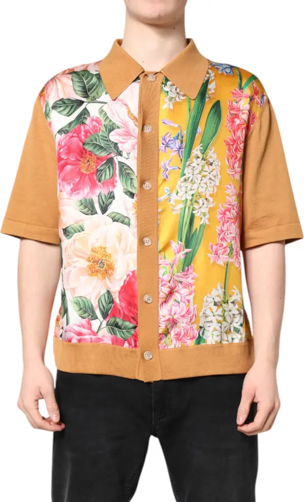 Brown Floral Collared Short Sleeve T-shirt