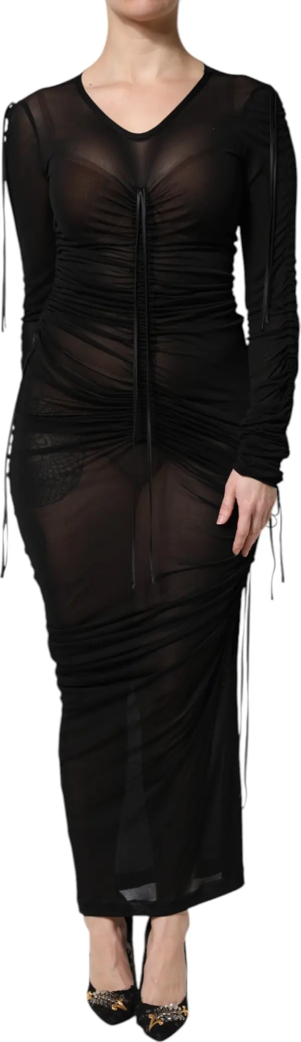 Black Mesh Trim Bodycon Long Sheath Dress