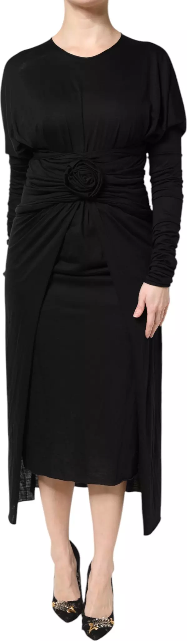 Black Wool Long Sleeves Sheath Midi Dress
