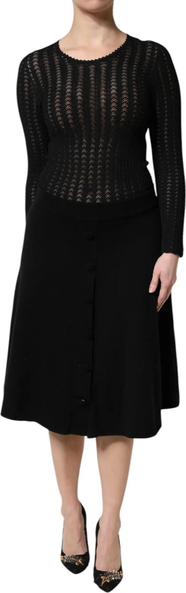 Black Cashmere Long Sleeves A-line Midi Dress